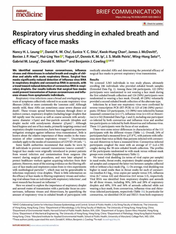 Respiratory virus shedding in exhaled breath and efficacy of face masks