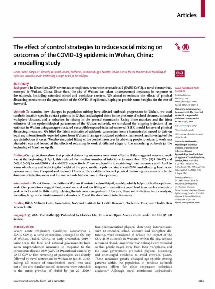 The effect of control strategies to reduce social mixing on outcomes of the COVID-19 epidemic in Wuhan, China- a modelling study