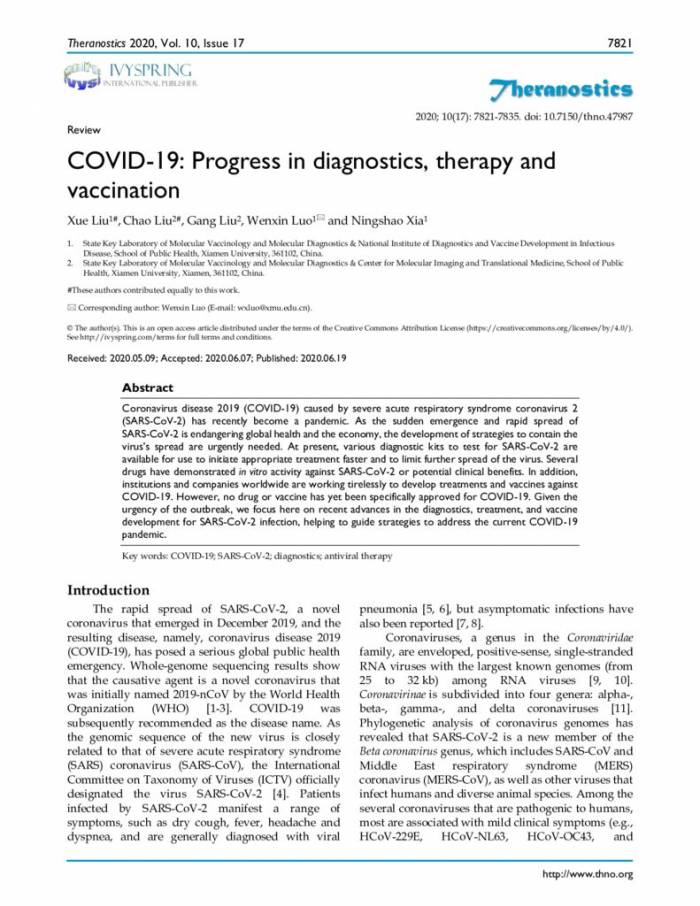 COVID-19: Progress in diagnostics, therapy and vaccination