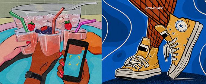 Two illustrations. Left illustration of friends putting their glasses together taking a photo of the drinks. Right illustration of someone’s feet wearing converse and fishnet stockings.