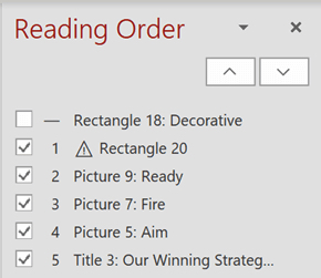 Screenshot of the Reading Order pane in Microsoft PowerPoint. 6 slide objects are listed in an incorrect reading order. Object 3 is "Picture 9: Ready," object 4 is "Picture 7: Fire," object 5 is "Picture 5: Aim," and object 6 is "Title 3: Our Winning Strategy." 