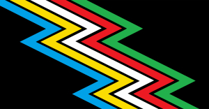 Disability Pride Flag - a black background with five zigzag lines colored blue, yellow, white, red, and green going diagonally across.