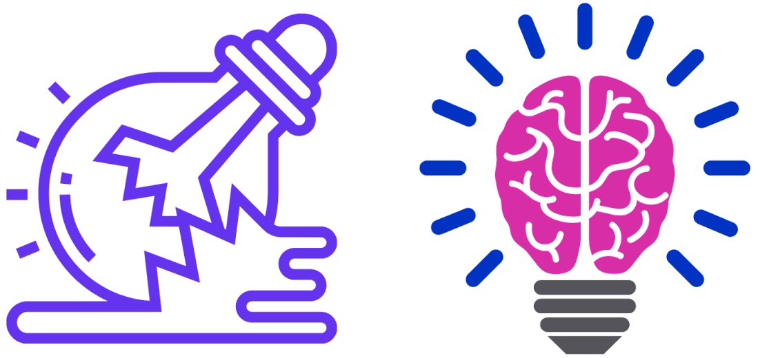 On the right is a purple cartoon of a broken light bulb. On the right is a cartoon with a pink brain as the glass of a light bulb with a gray base and blue lines indicating light around the brain.