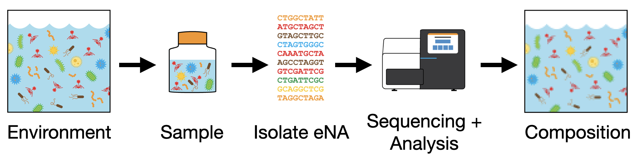 A schematic of environmental nucleic acid (NA) collection, isolation, and analysis that essentially provides a pixelated view of the environment that was sampled