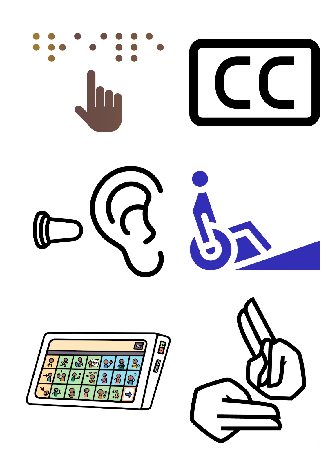 6 cartoon images of ways to make spaces accessible. The top row shows a brown hand below light and dark brown braille cells and a black box with the letters “CC” inside, representing braille writing and closed captioning. The second row shows a black cartoon of an ear and ear plug and a dark blue stick figure in a wheelchair using a ramp, representing sensory-friendly spaces and physical access tools. The bottom row shows a tablet with multicolored images on an augmentative and alternative communication (AAC) device and a cartoon of two hands signing, representing alternative communication, sign language, and interpretation.